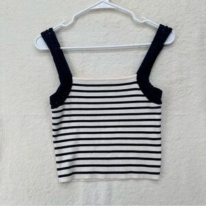 Aerie Navy and White/Cream Ribbed Knit Tank Top Nautical Crochet
